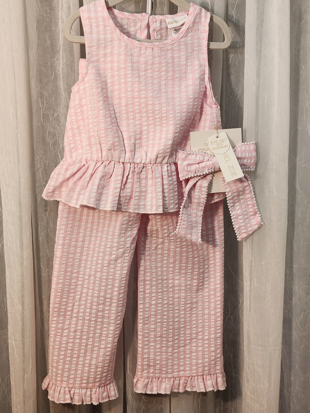 Rachel Zoe Pink Striped Seersucker 2-Piece Pant Set w/ Pearl-Trim Bow, S 4, NWT